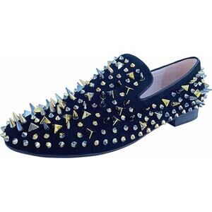 Justar Mens 11 Black Suede Leather Gold Spikes Studdted Loafer Slide On Shoes
